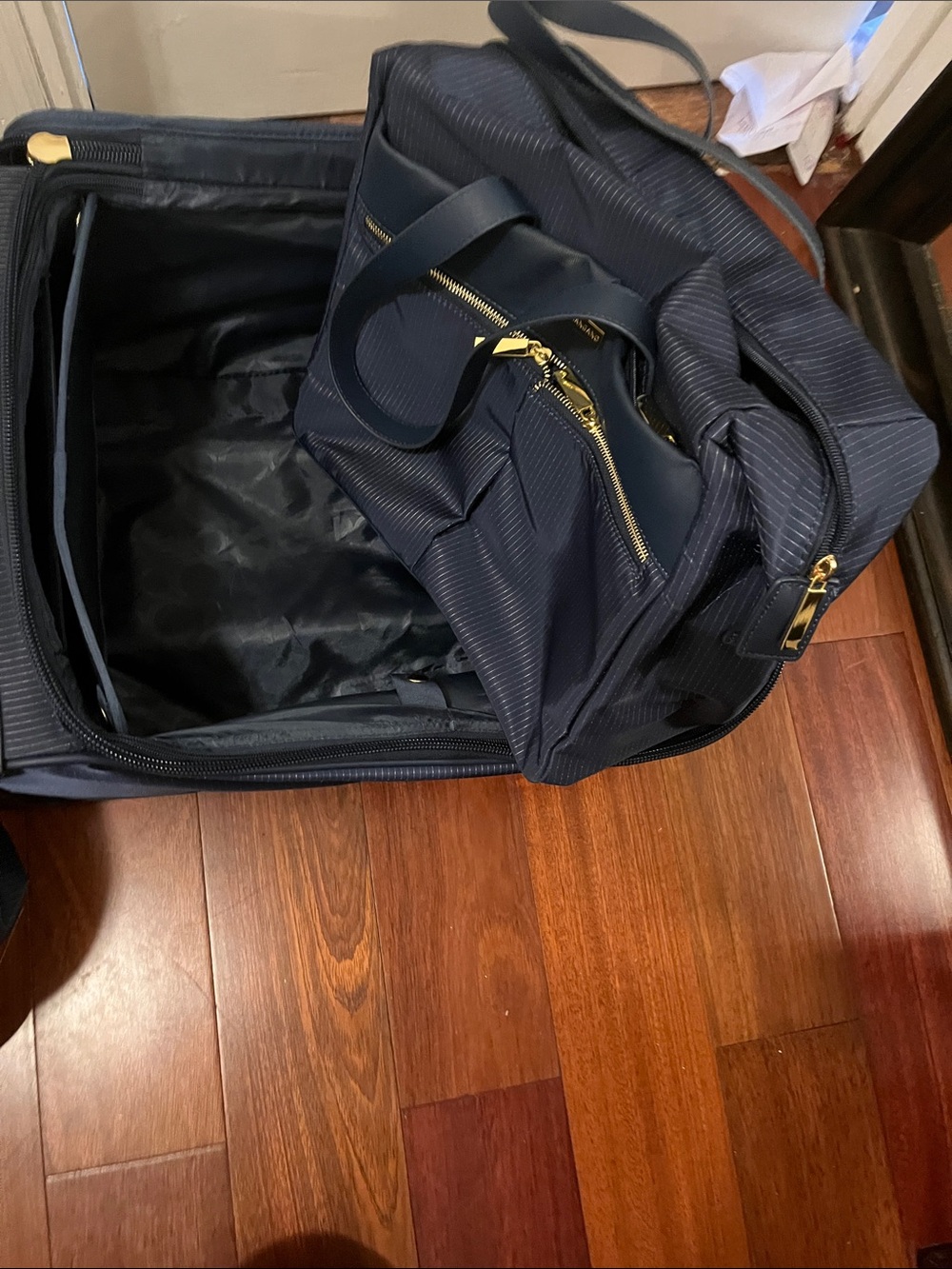 Joy Mangano Navy Pinstripe Weekender Tote with Gold Hardware